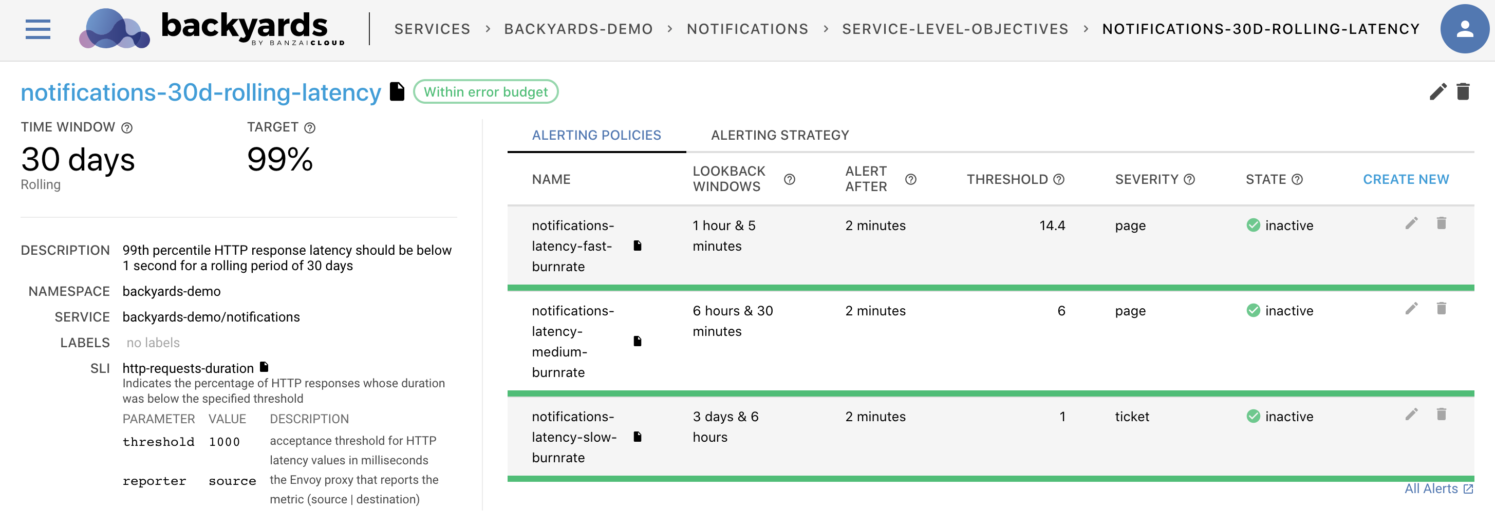 Backyards: tracking and enforcing, that 99% of requests to be answered within 1s